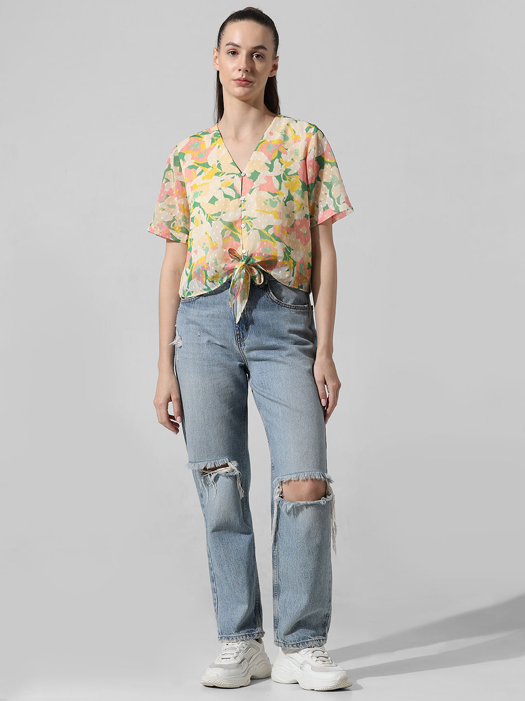 Beige Floral Knot-Detail Top