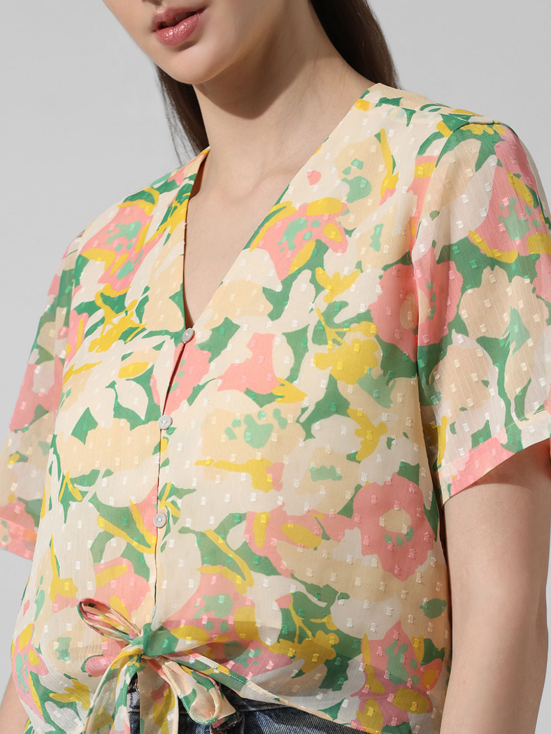 Beige Floral Knot-Detail Top