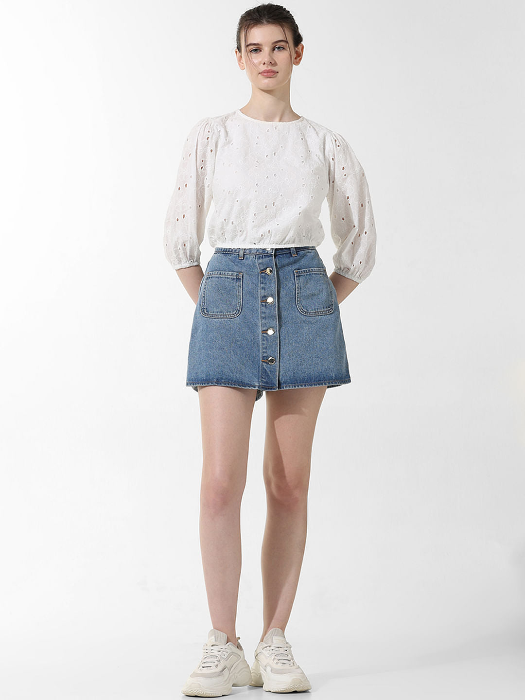 White Embroidered Cropped Top