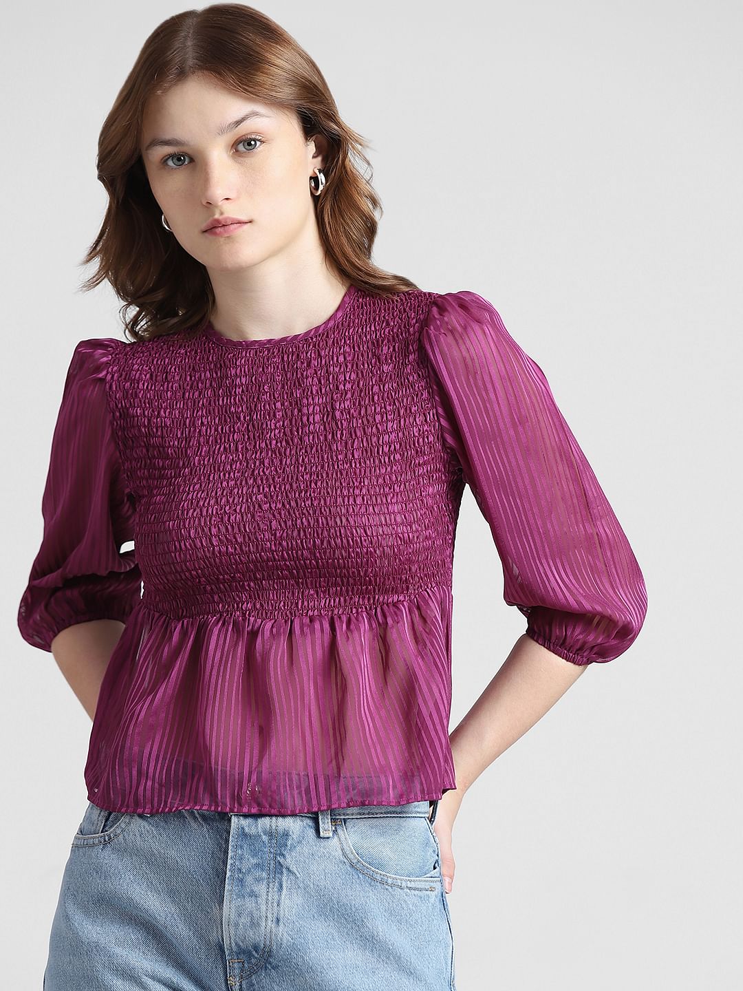 Purple Smocked Striped Top