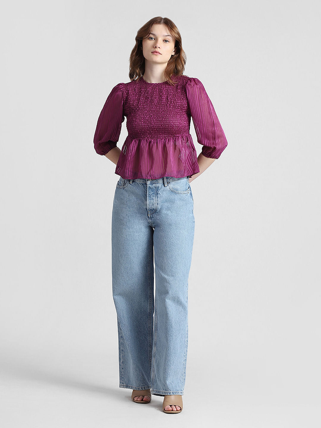 Purple Smocked Striped Top