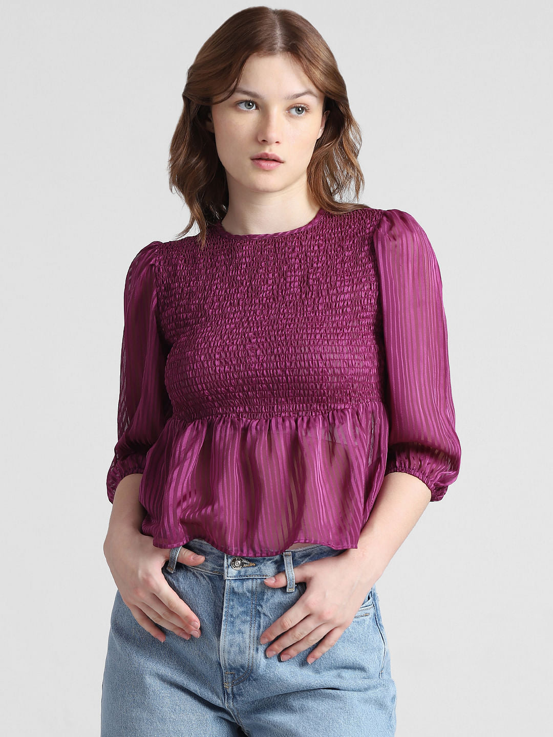 Purple Smocked Striped Top