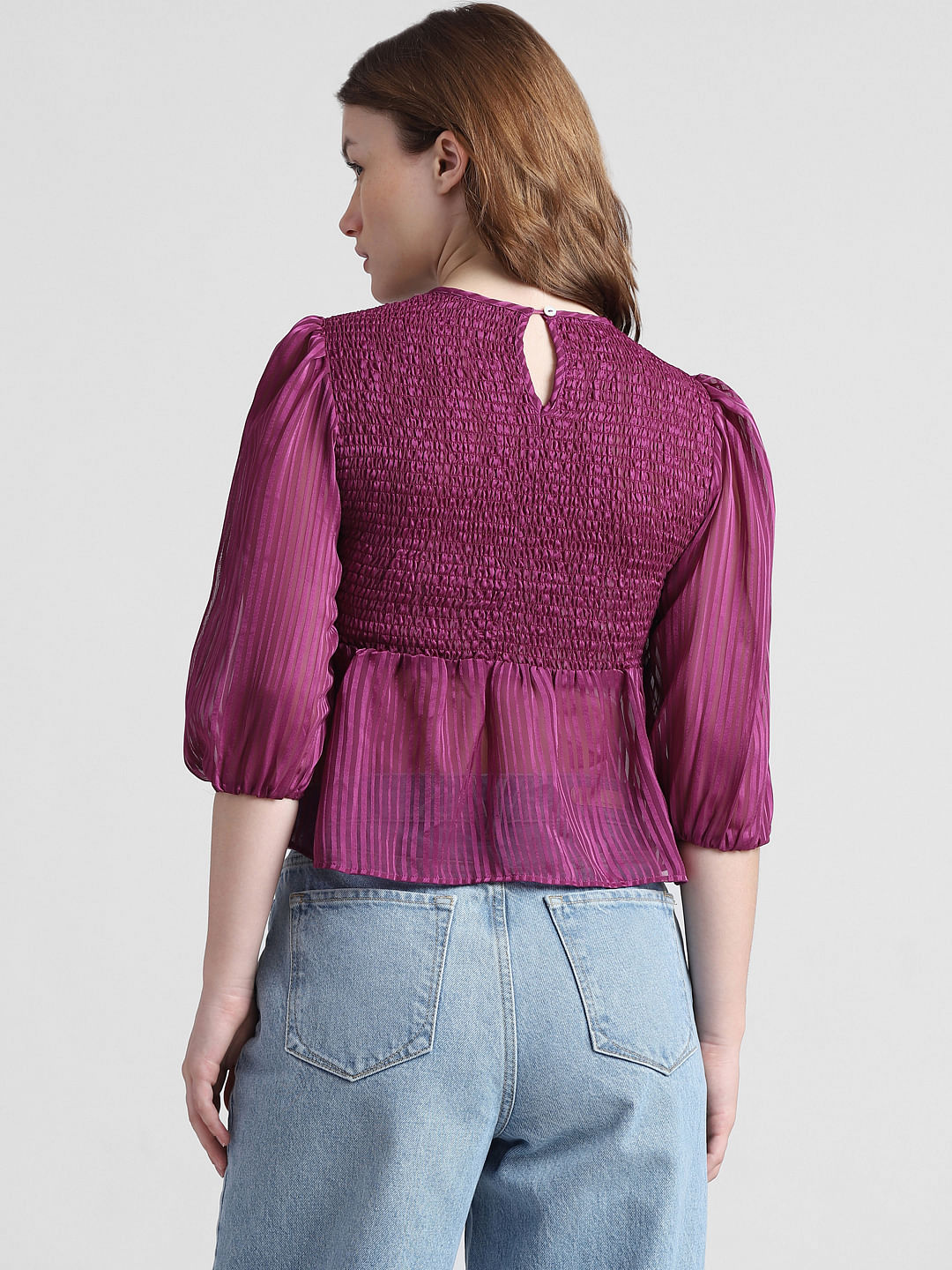 Purple Smocked Striped Top