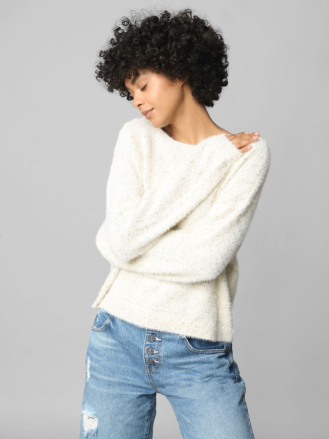 Beige Textured V-Neck Pullover