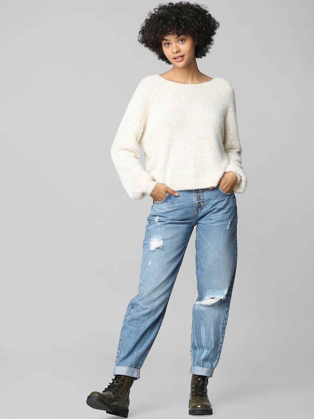 Beige Textured V-Neck Pullover