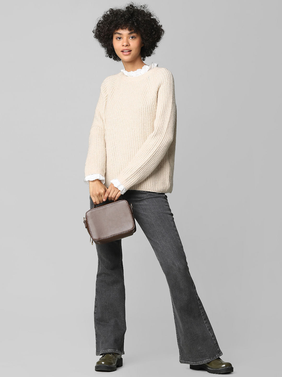 Beige Textured Schiffli Pullover