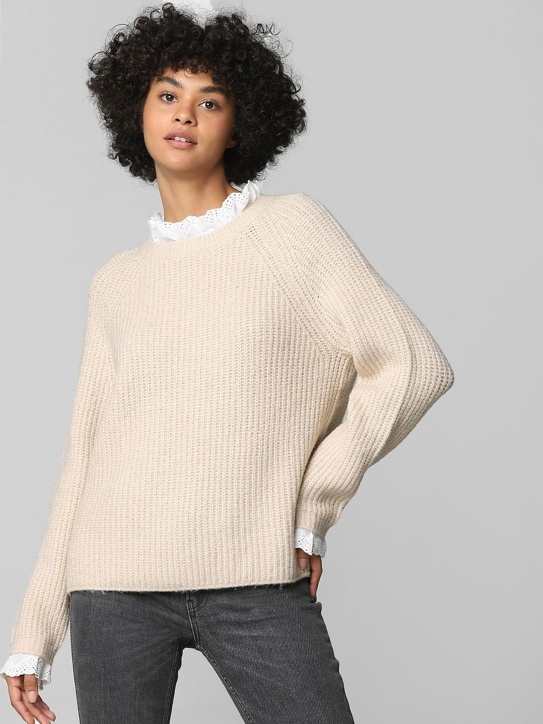 Beige Textured Schiffli Pullover