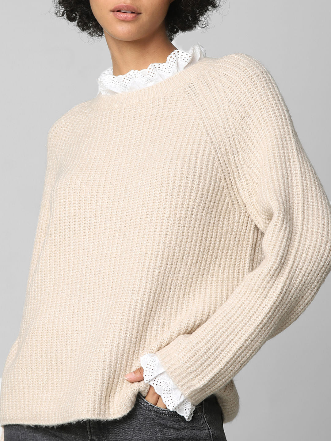 Beige Textured Schiffli Pullover