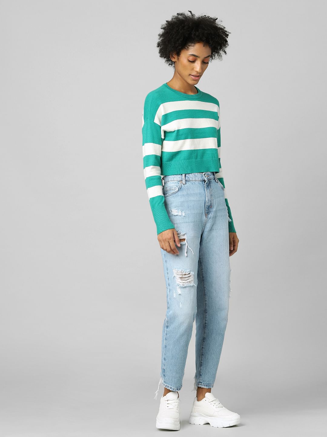 Green Striped Cropped Pullover