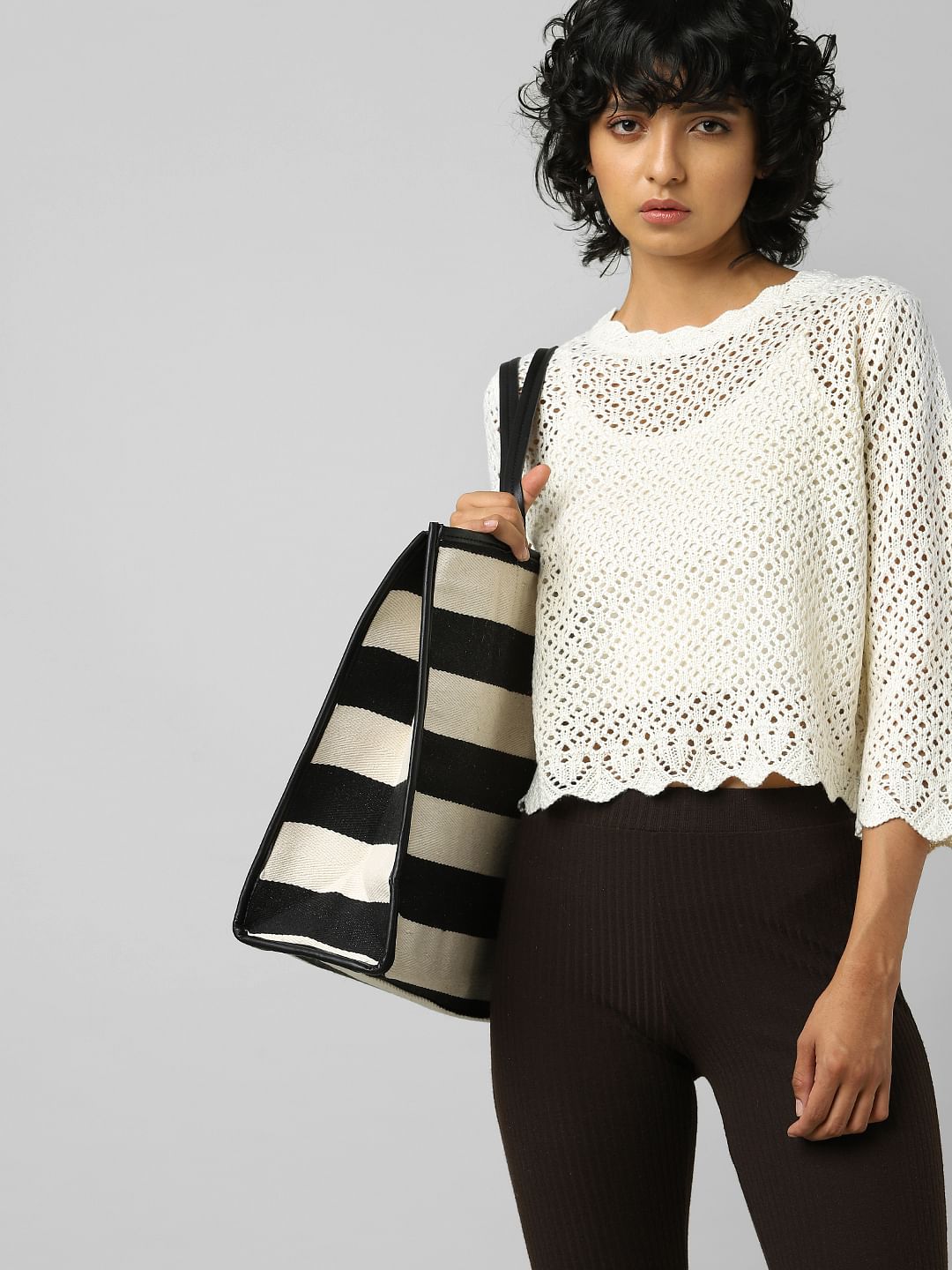 Beige Pointelle Cropped Pullover