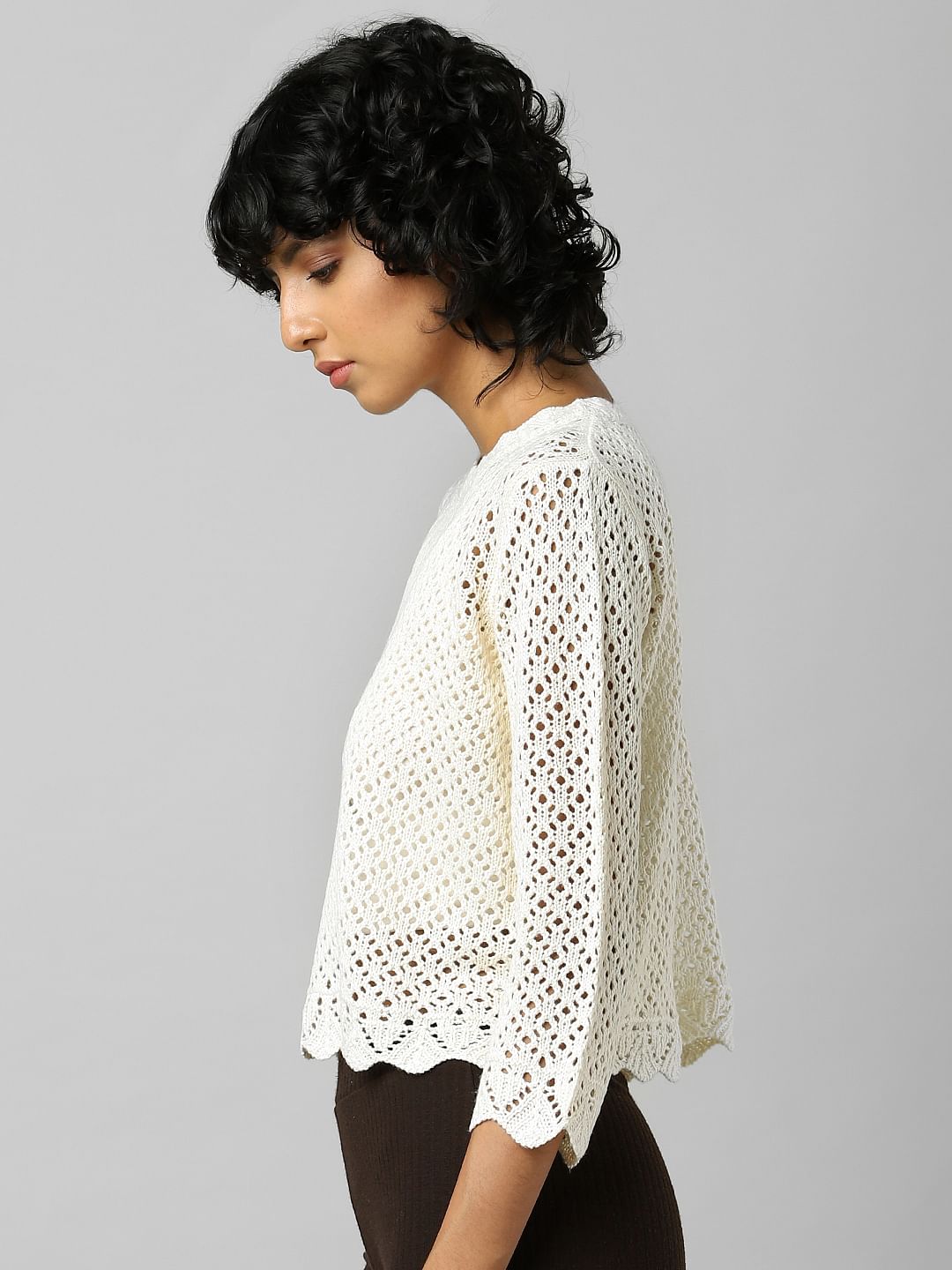 Beige Pointelle Cropped Pullover