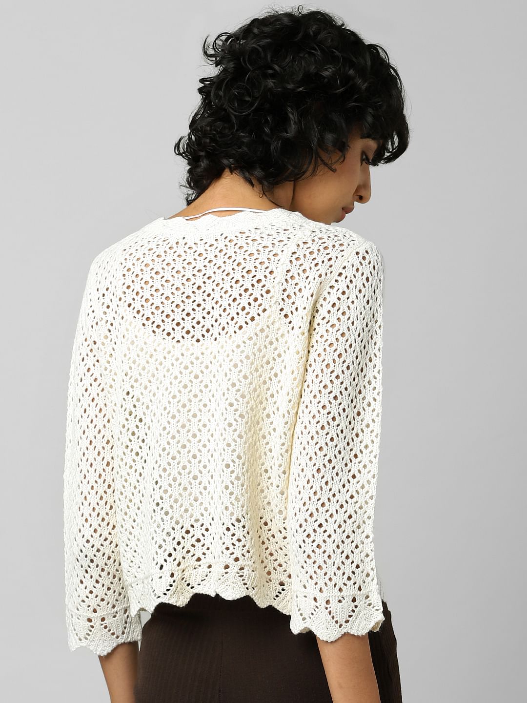 Beige Pointelle Cropped Pullover