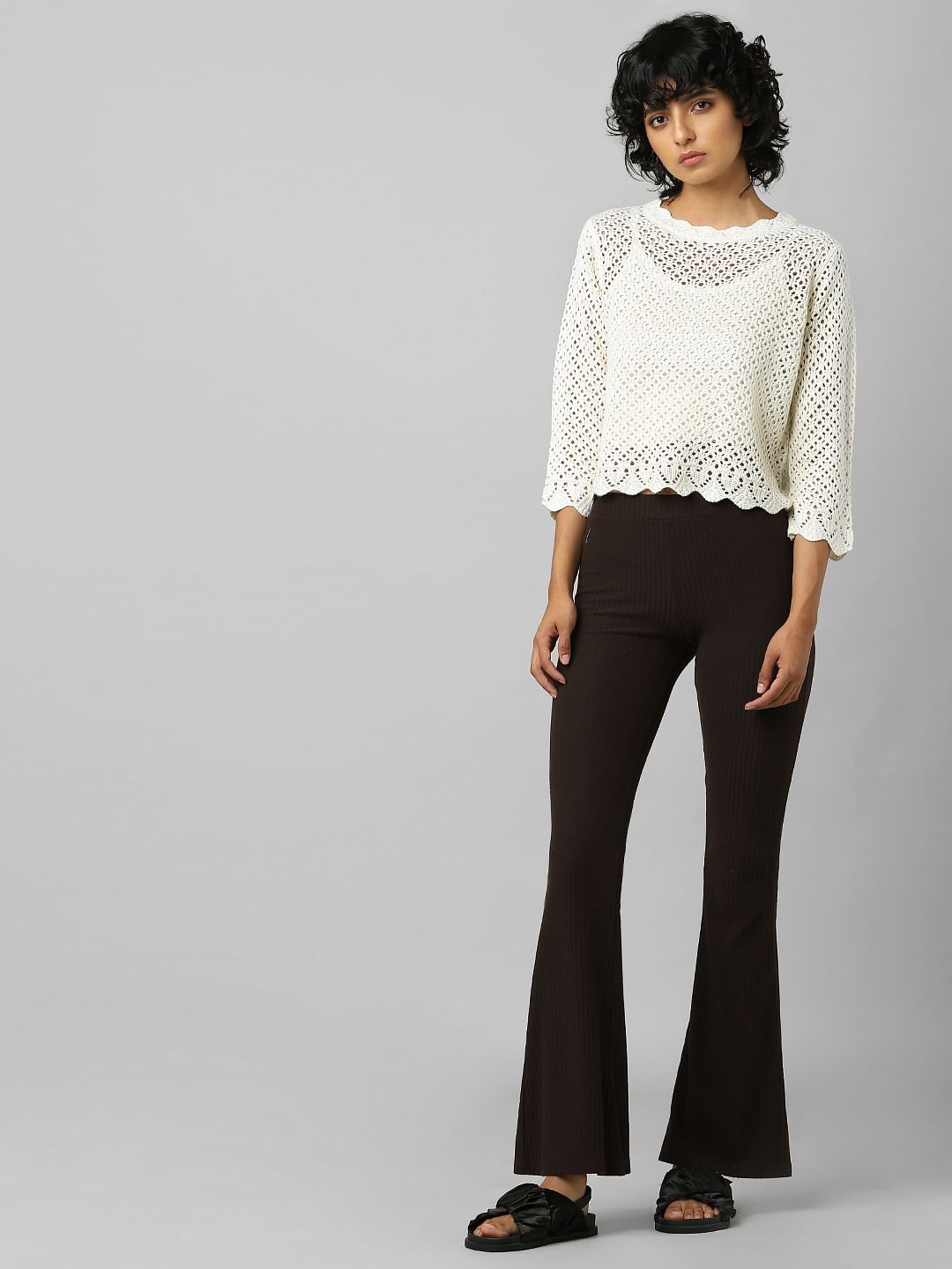 Beige Pointelle Cropped Pullover