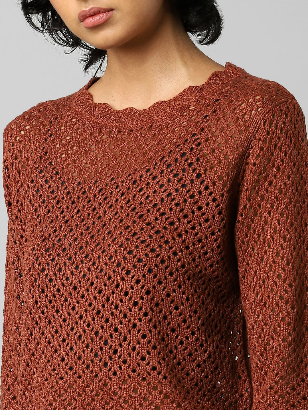 Brown Pointelle Cropped Pullover