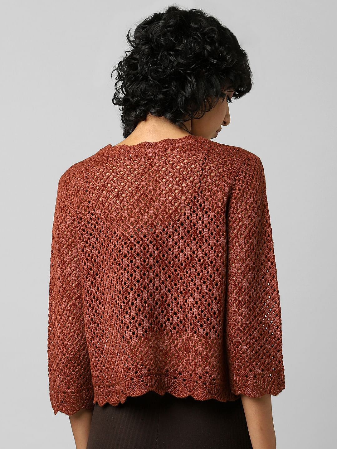 Brown Pointelle Cropped Pullover