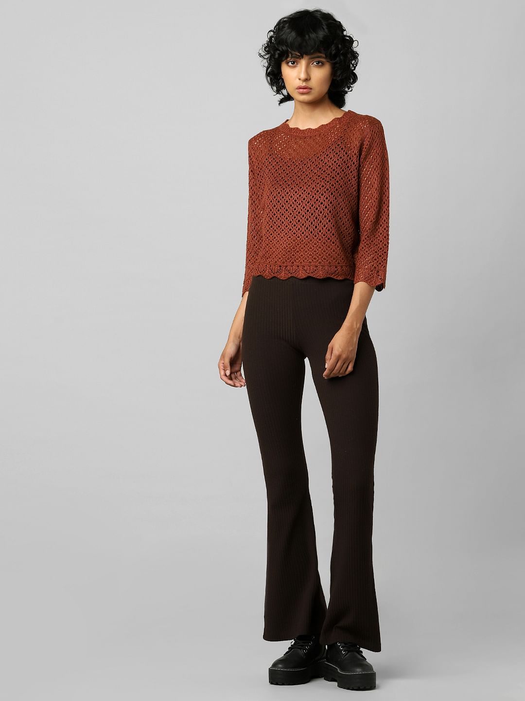 Brown Pointelle Cropped Pullover