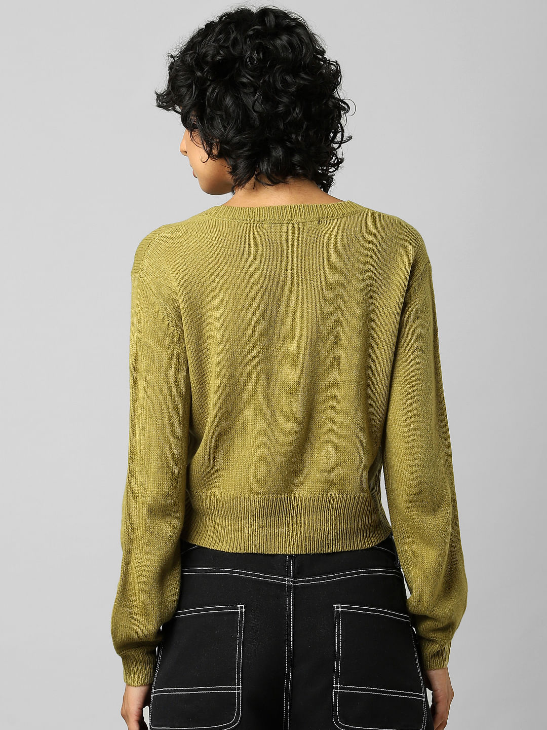 Green V-Neck Cropped Pullover