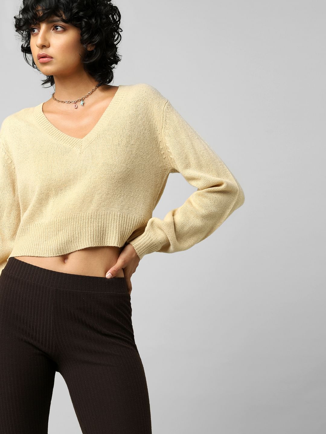 Light Brown V-Neck Cropped Pullover