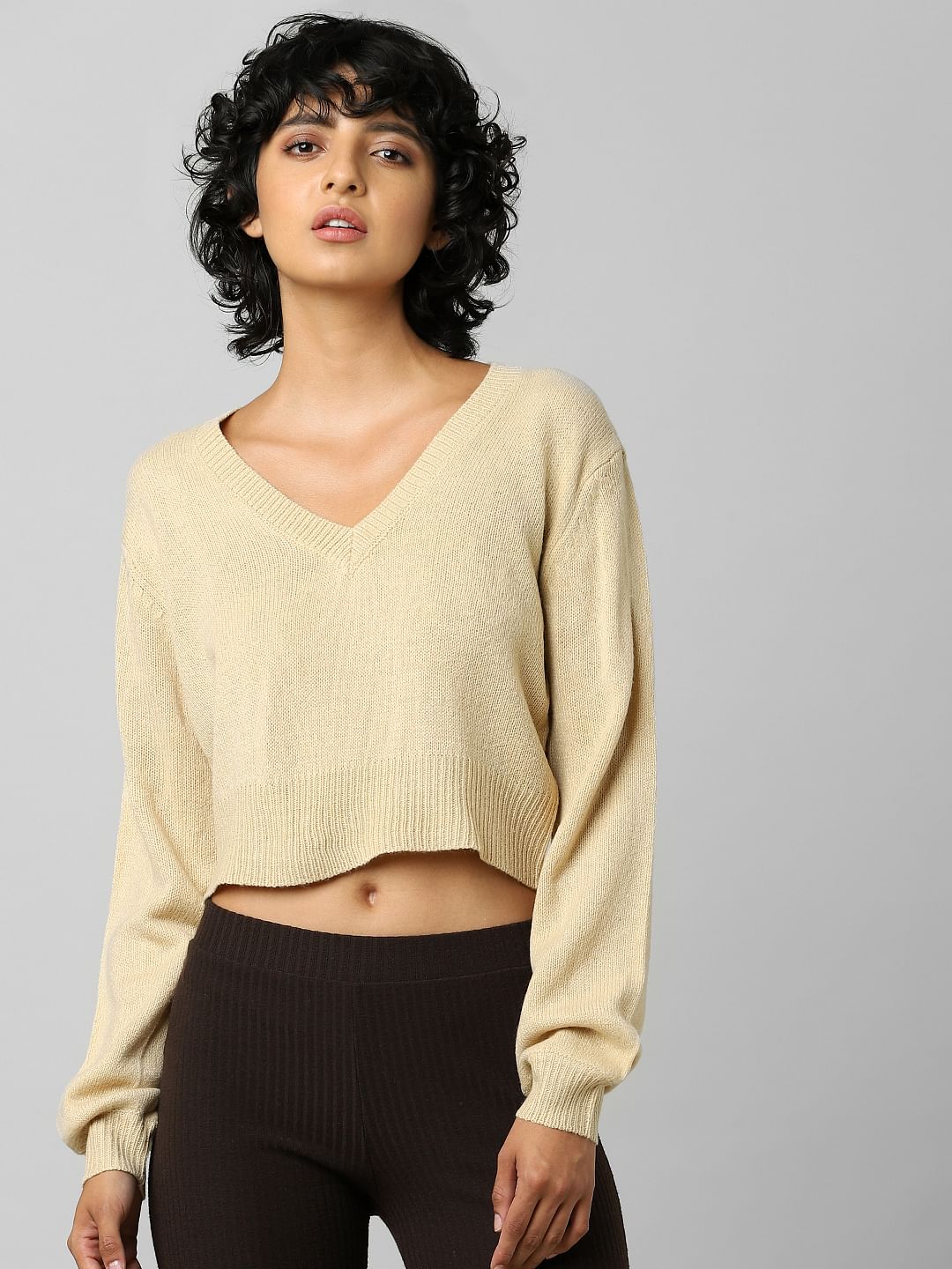 Light Brown V-Neck Cropped Pullover