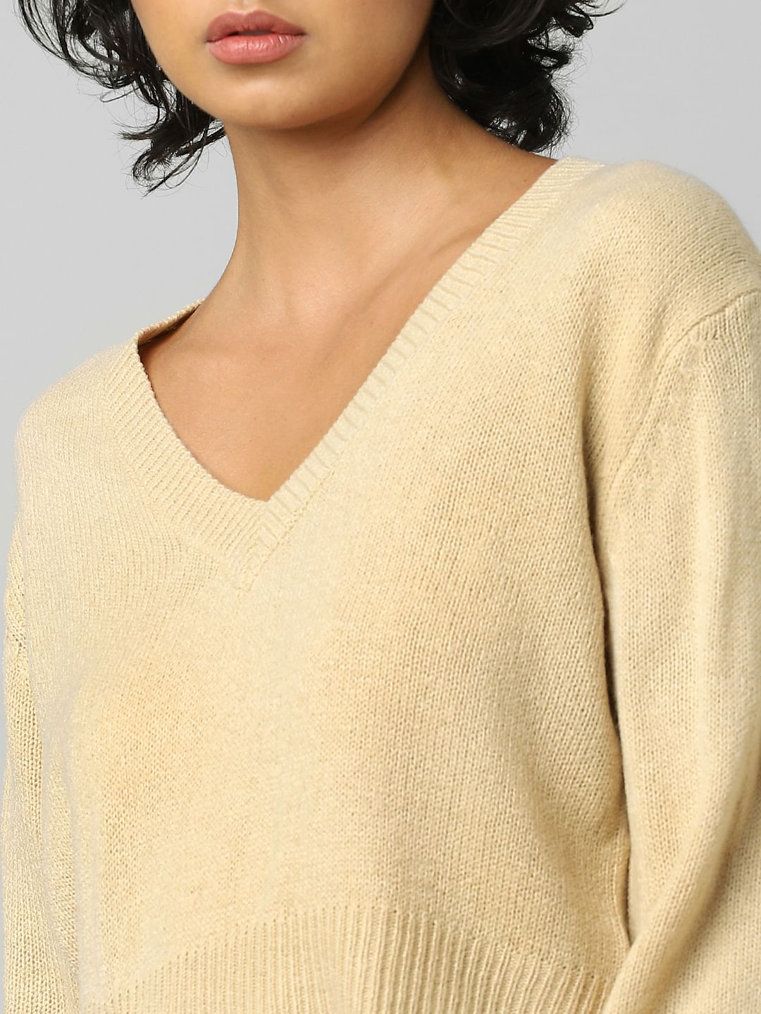 Light Brown V-Neck Cropped Pullover