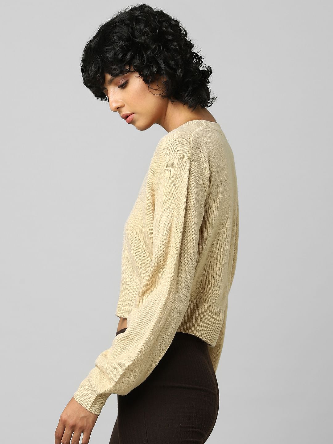 Light Brown V-Neck Cropped Pullover