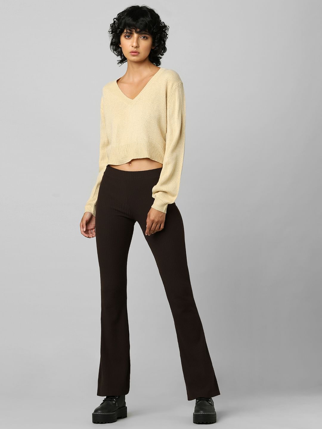 Light Brown V-Neck Cropped Pullover