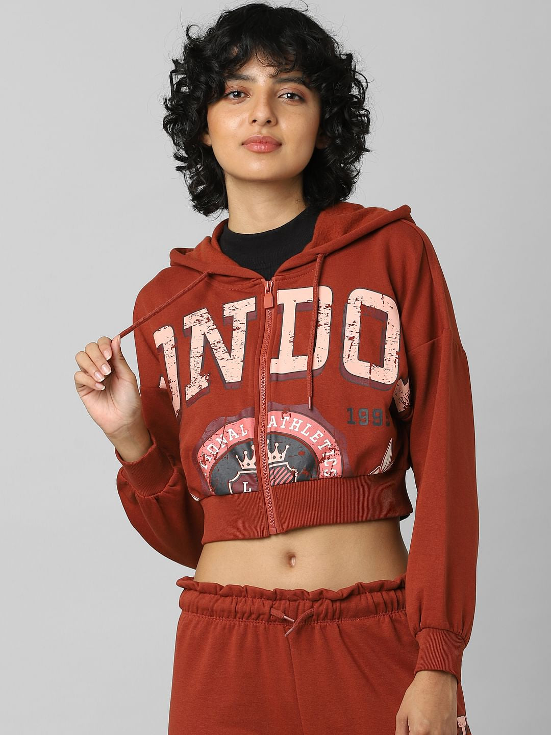 Brown Printed Zipped Co-Ord Sweatshirt