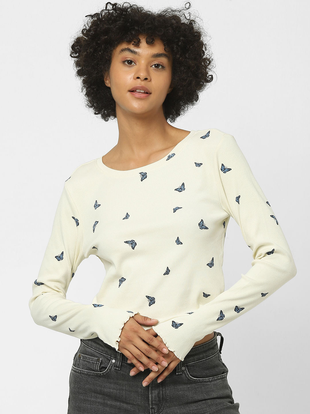 Cream Butterfly Print Cropped Top
