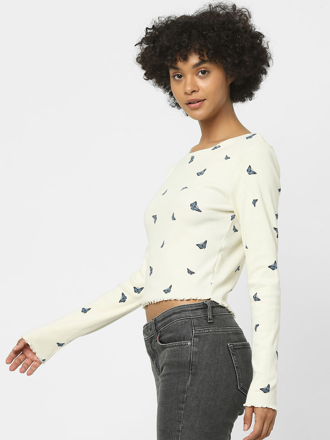 Cream Butterfly Print Cropped Top