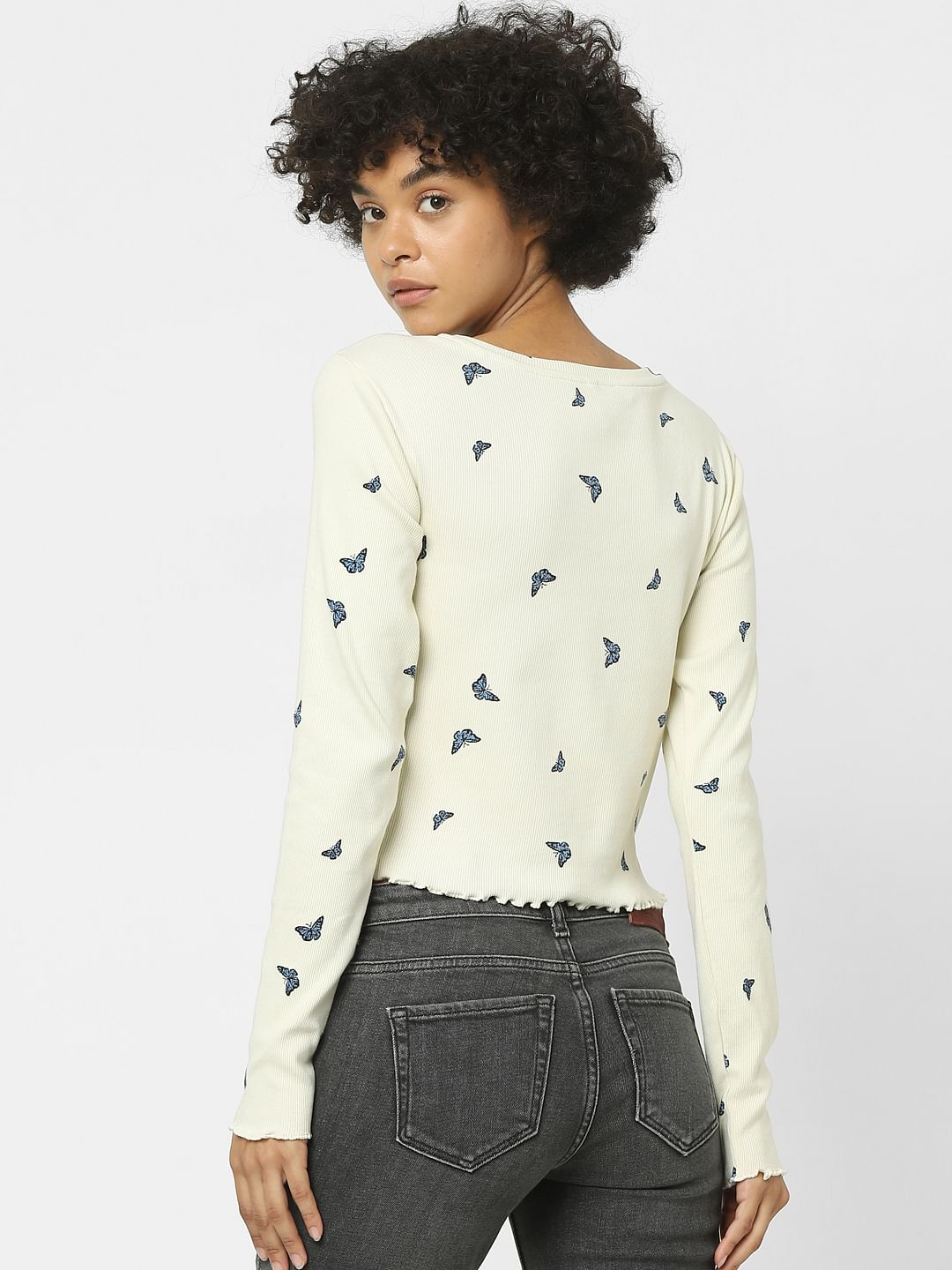 Cream Butterfly Print Cropped Top