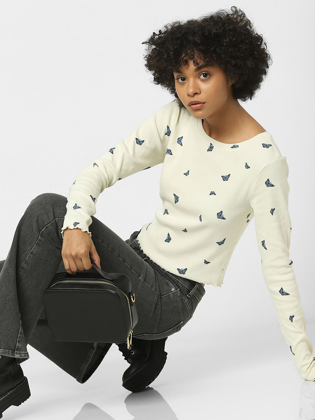 Cream Butterfly Print Cropped Top