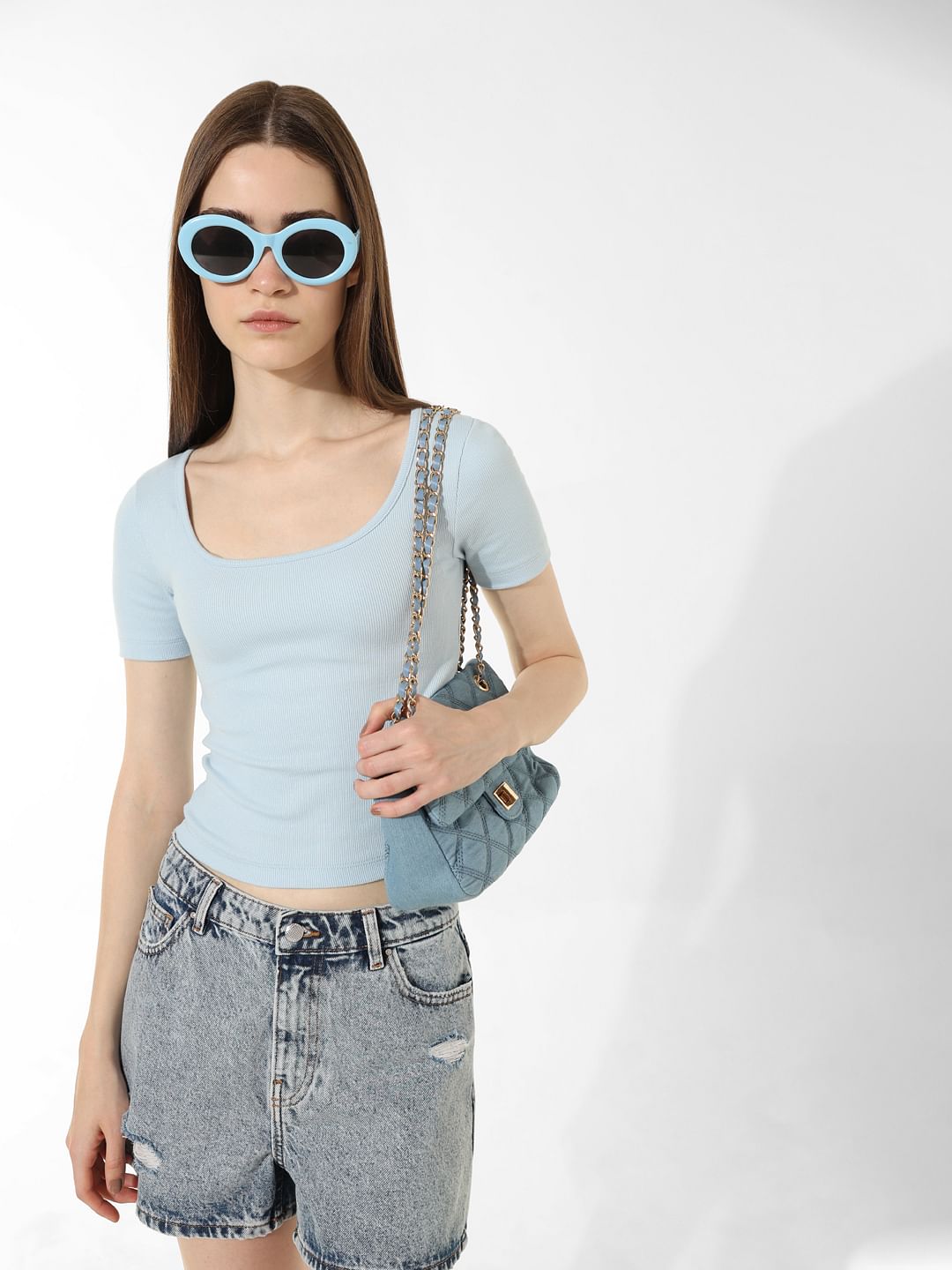 Blue Ribbed Cropped T-Shirt