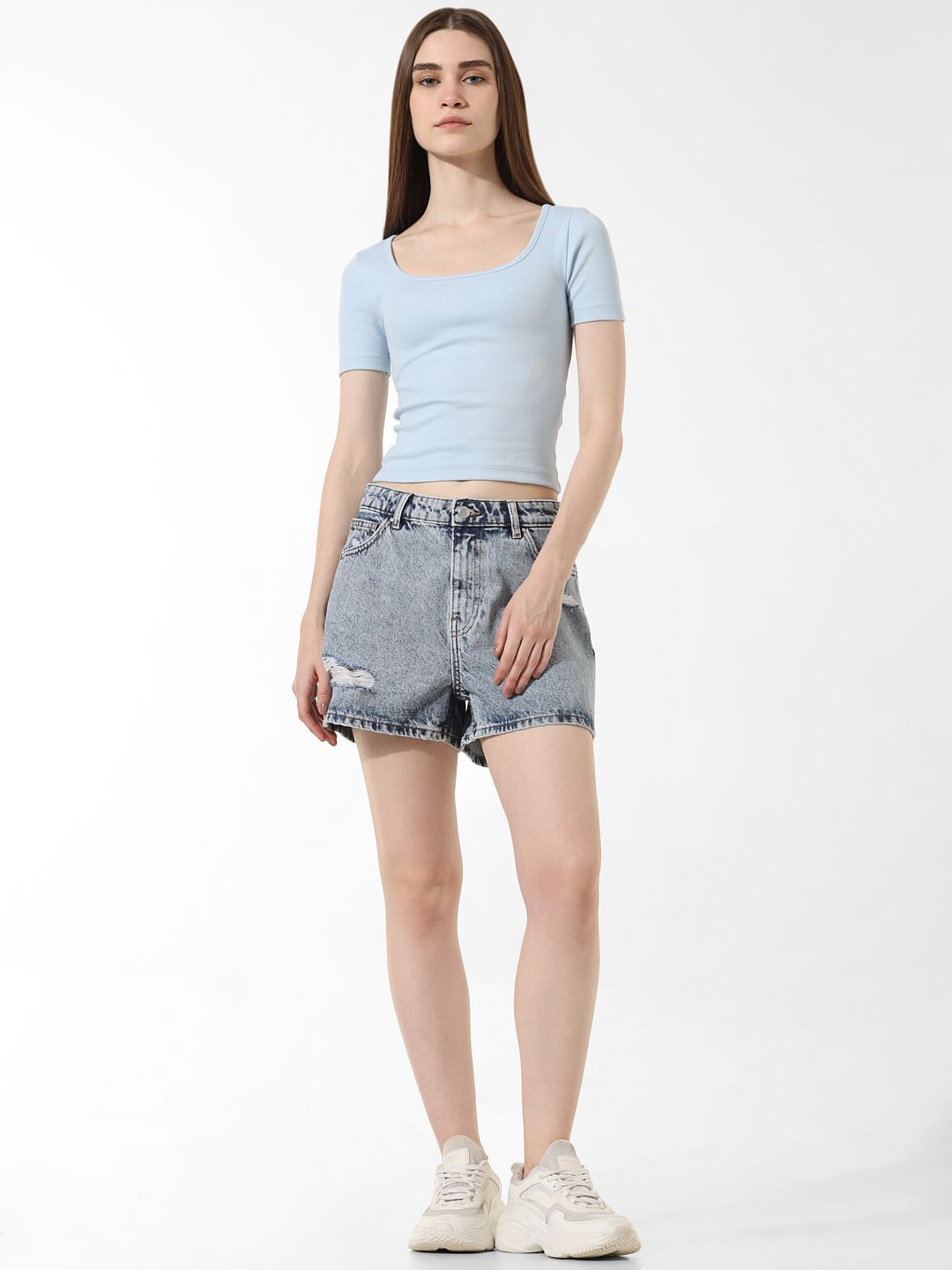 Blue Ribbed Cropped T-Shirt
