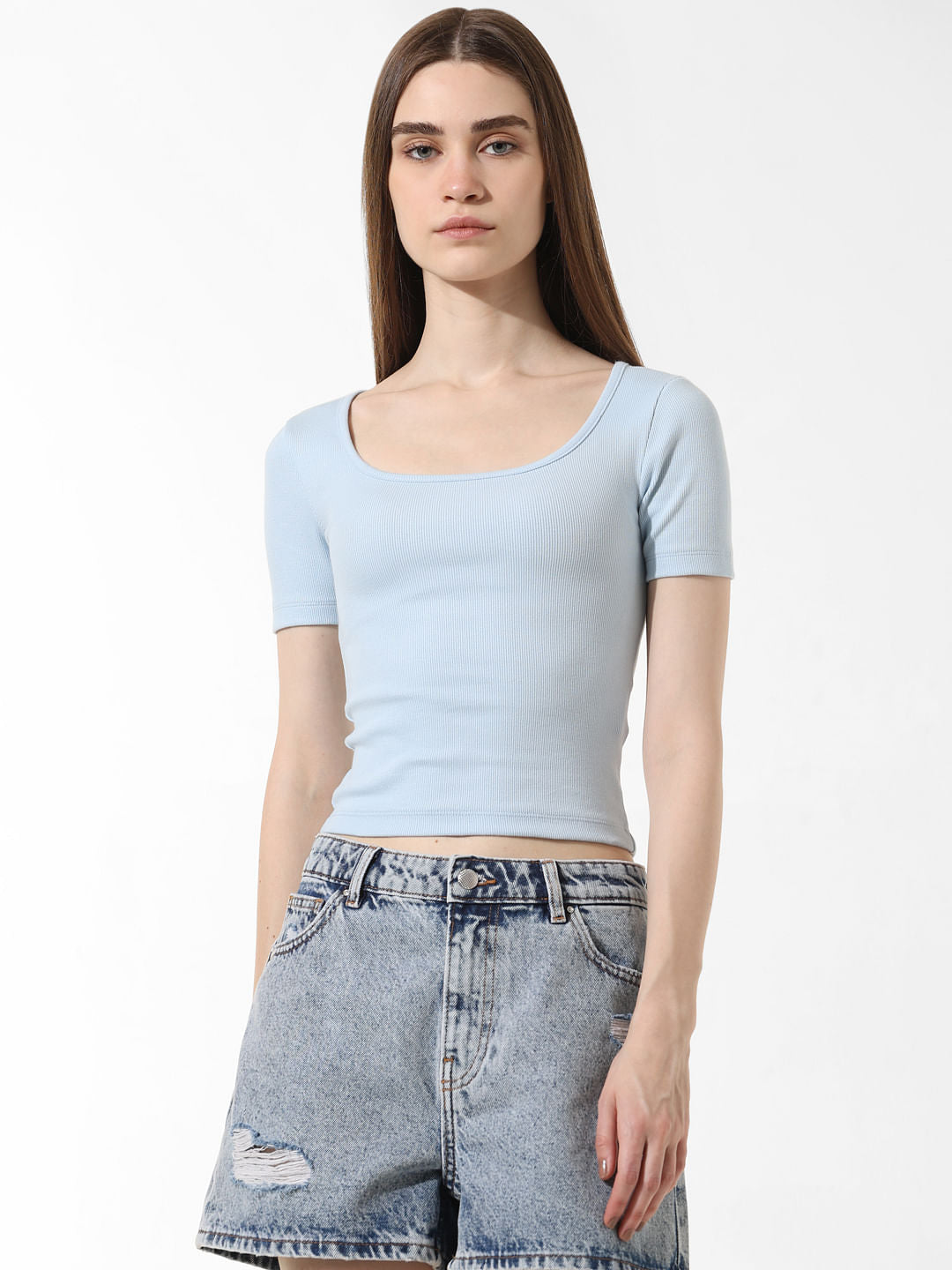 Blue Ribbed Cropped T-Shirt