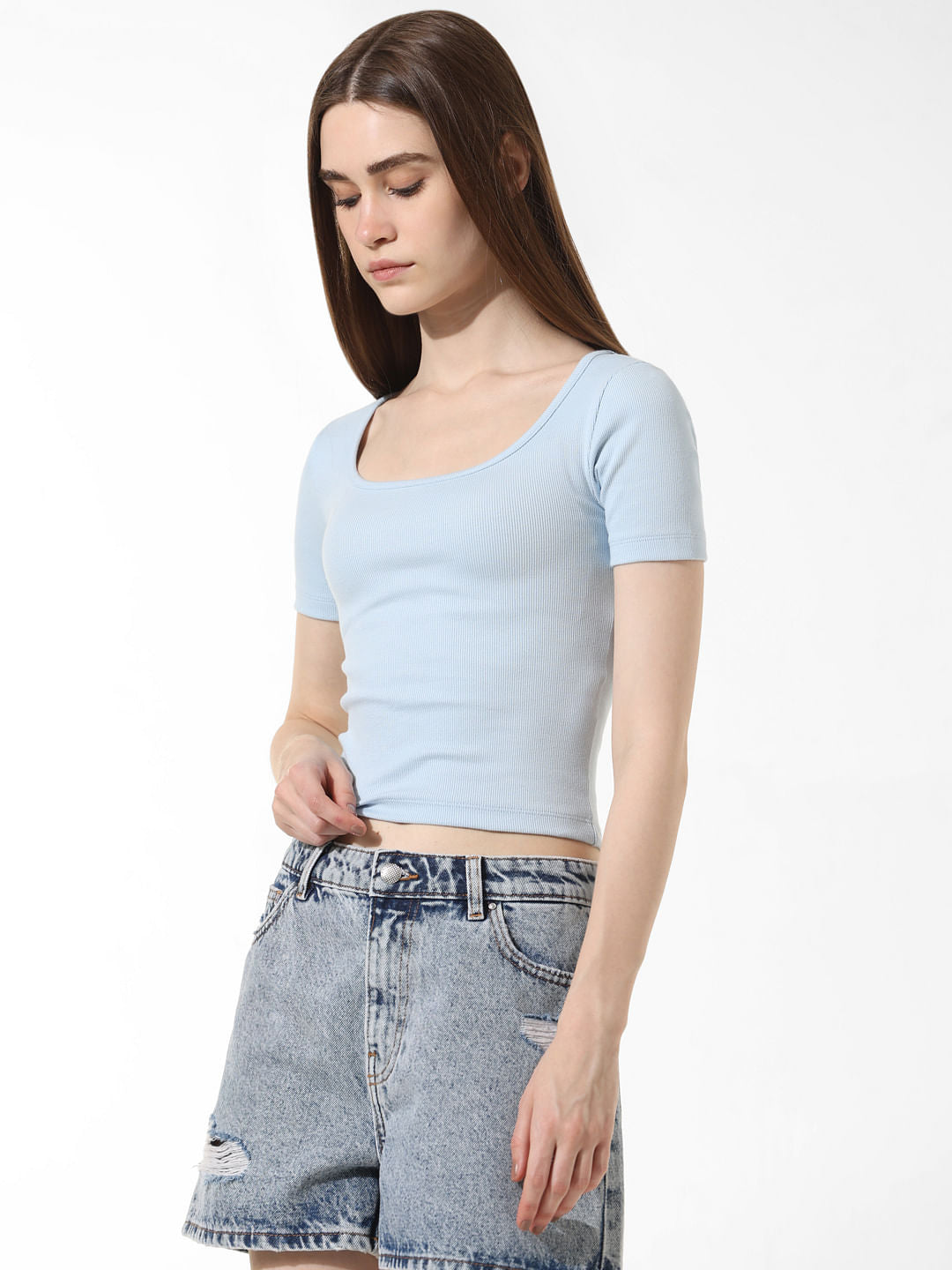 Blue Ribbed Cropped T-Shirt