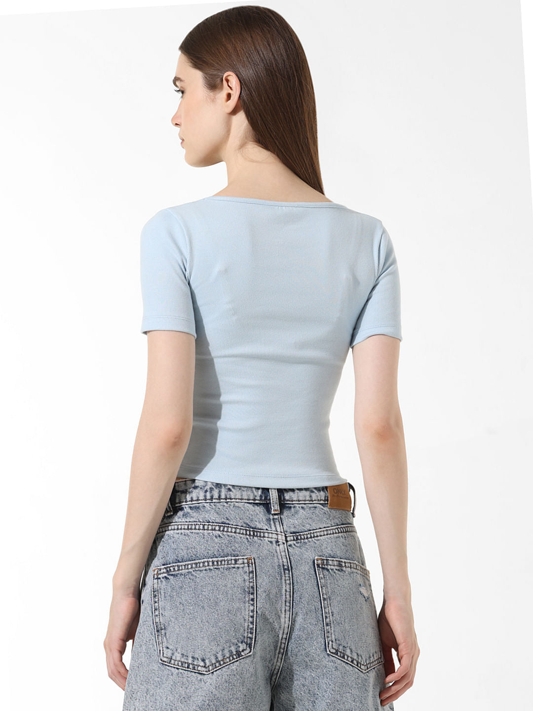 Blue Ribbed Cropped T-Shirt