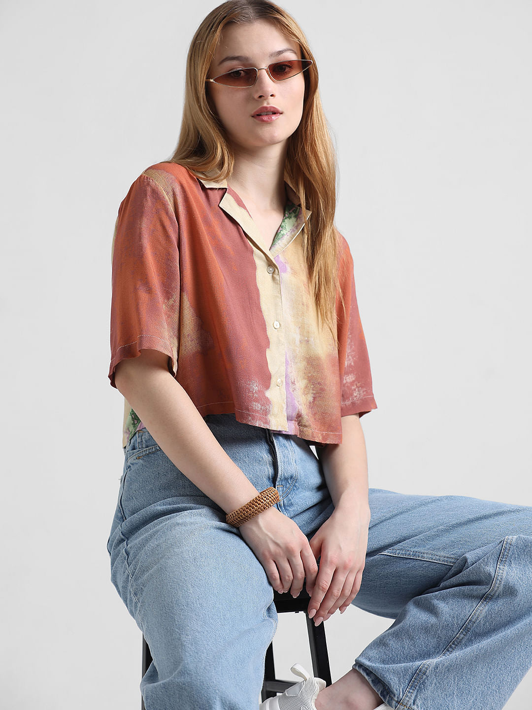Brown Abstract Print Cropped Shirt