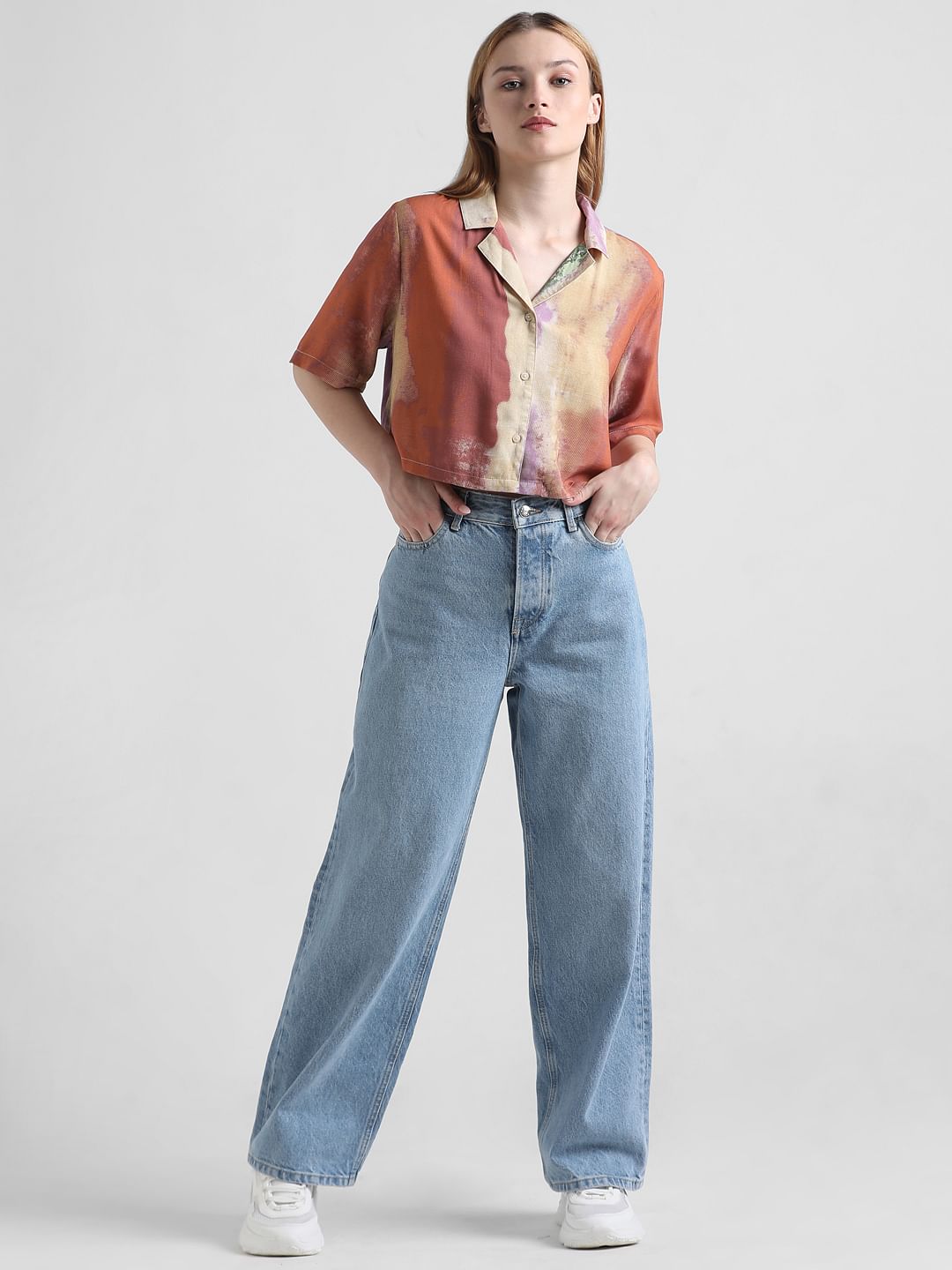 Brown Abstract Print Cropped Shirt