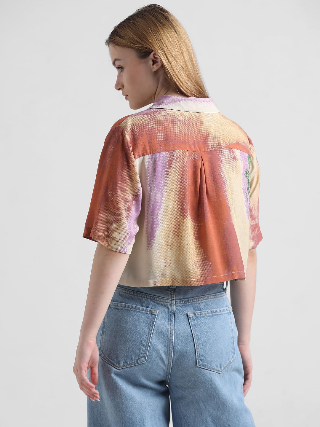 Brown Abstract Print Cropped Shirt