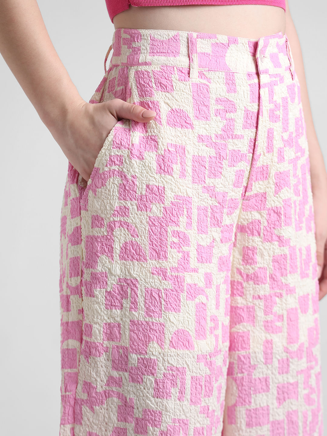 Pink Crinkle Weave Printed Pants