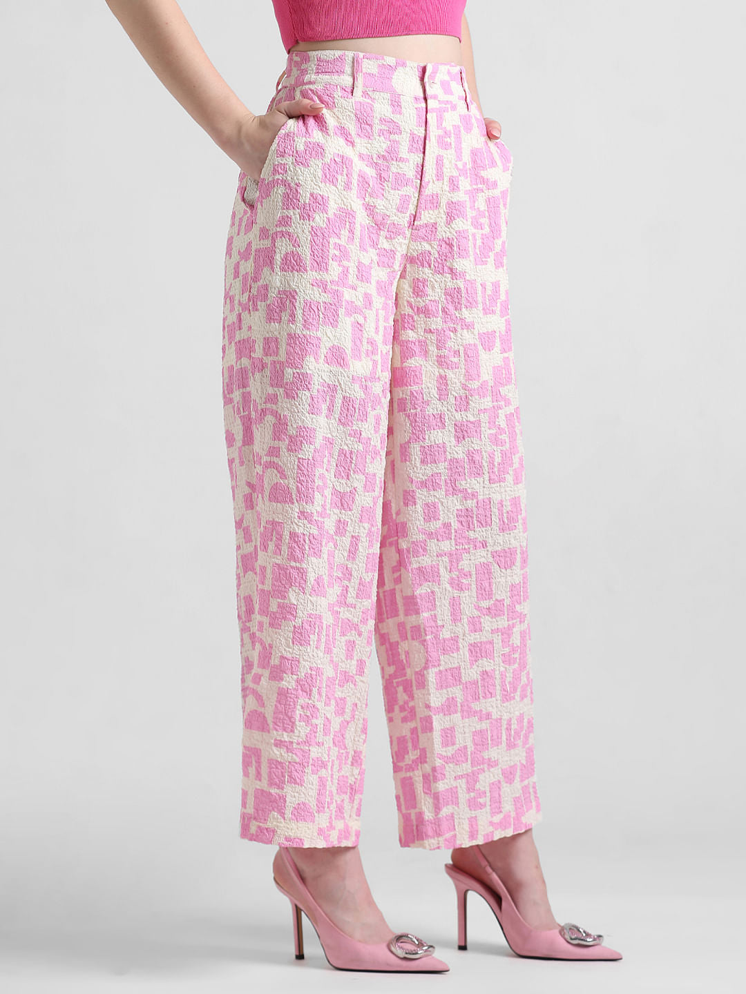 Pink Crinkle Weave Printed Pants