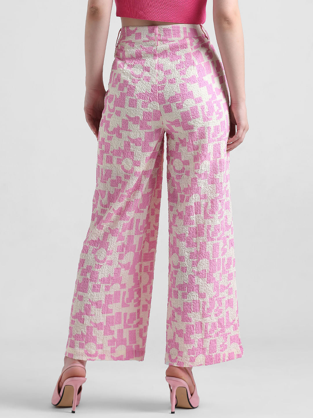 Pink Crinkle Weave Printed Pants