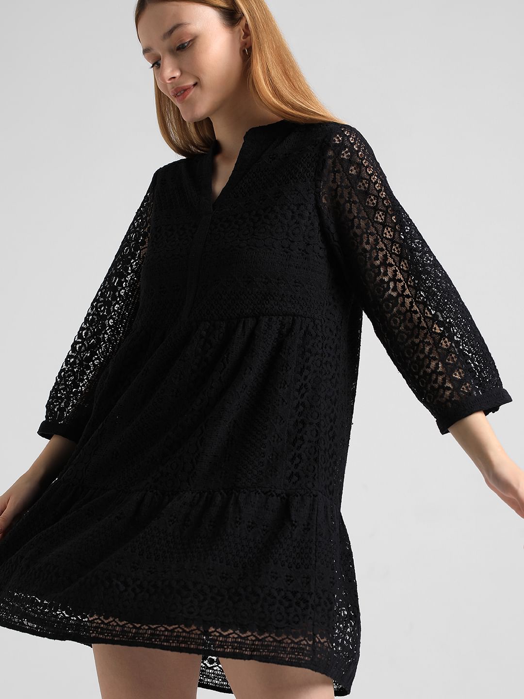 Black Lace Flared Shift Dress