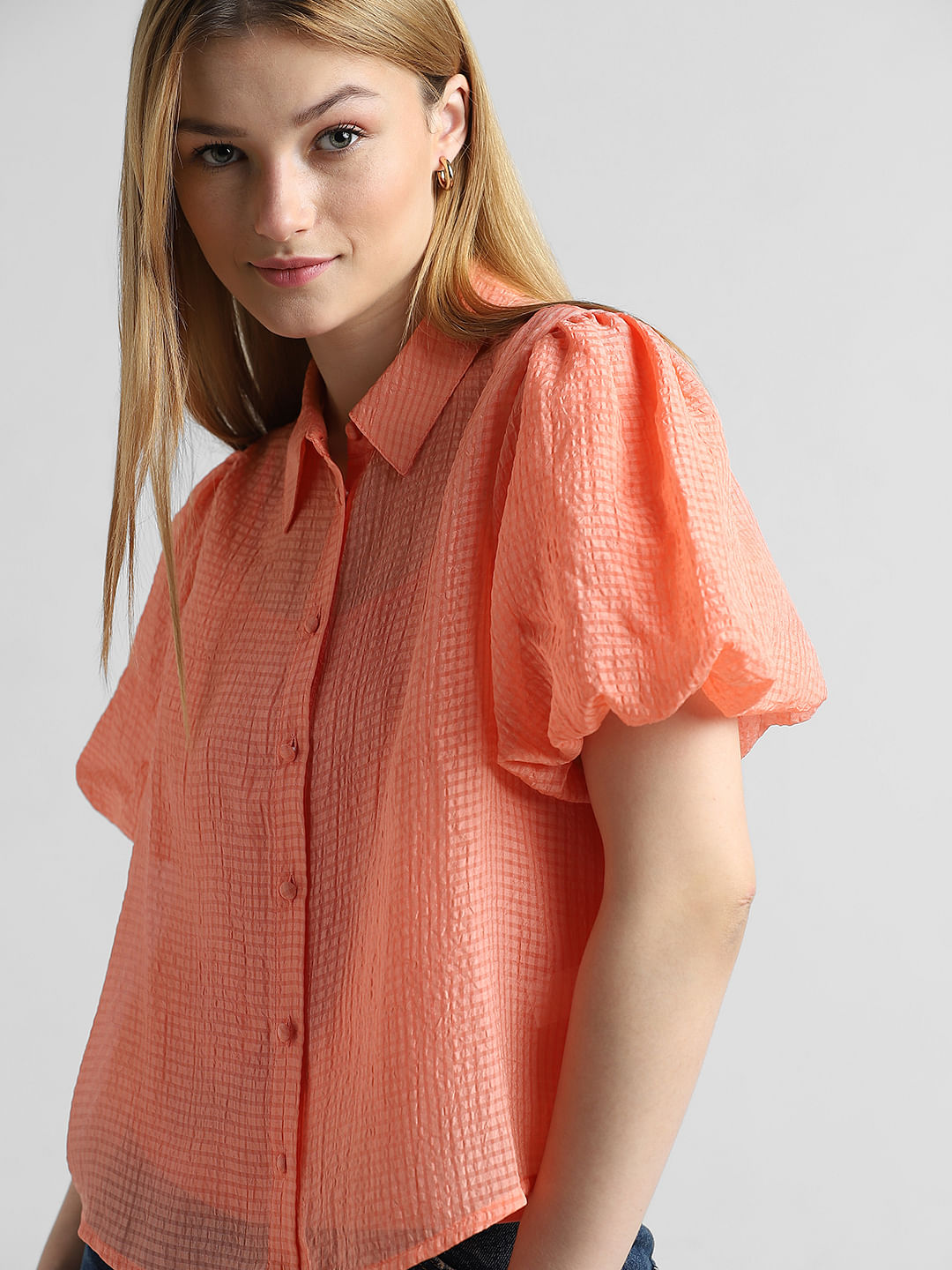 Peach Printed Puff Sleeves Shirt