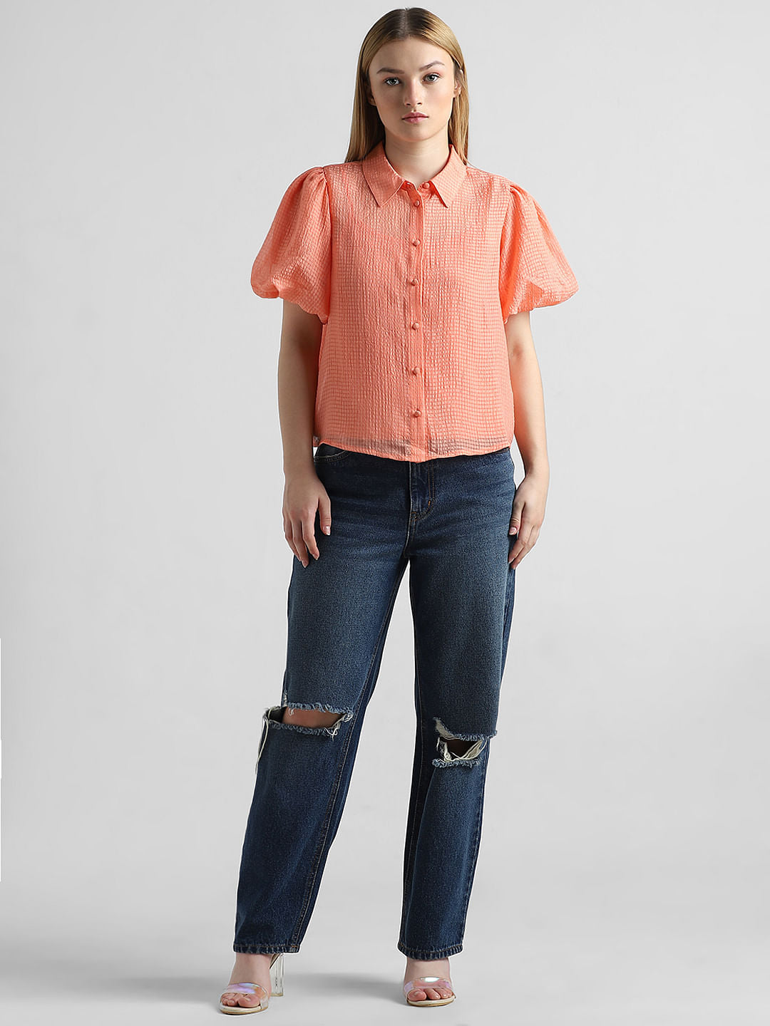 Peach Printed Puff Sleeves Shirt