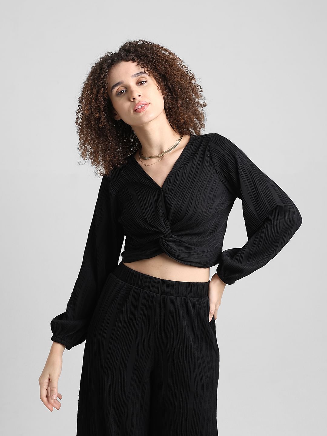 Black Pliss Cropped Co-Ord Set Top