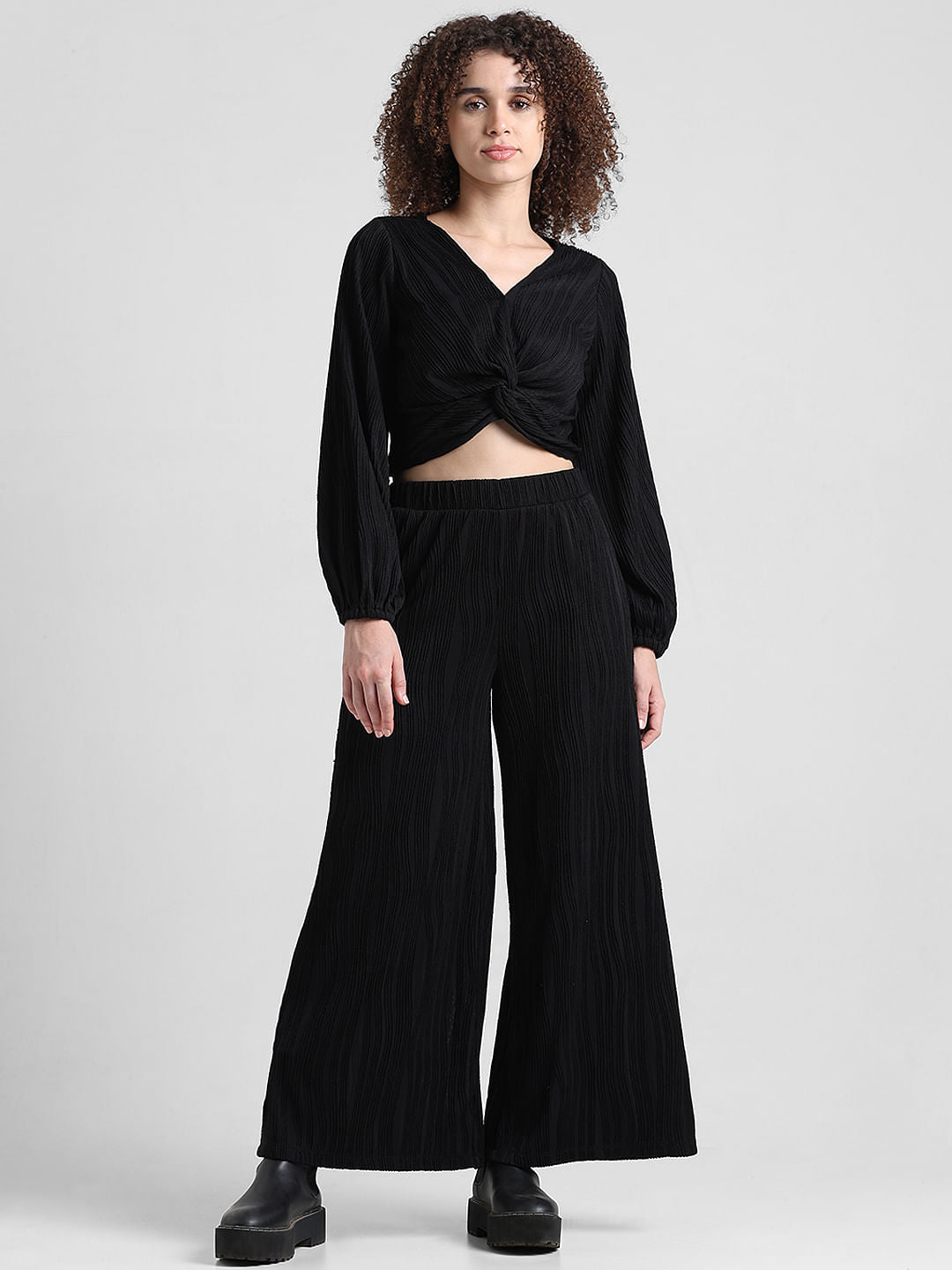Black Pliss Cropped Co-Ord Set Top