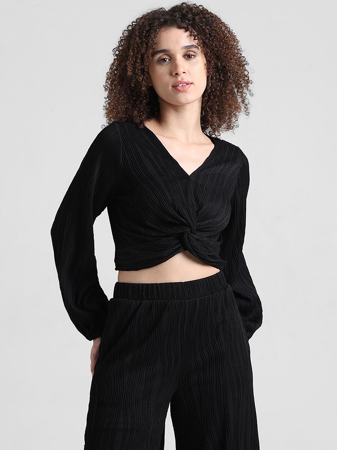 Black Pliss Cropped Co-Ord Set Top