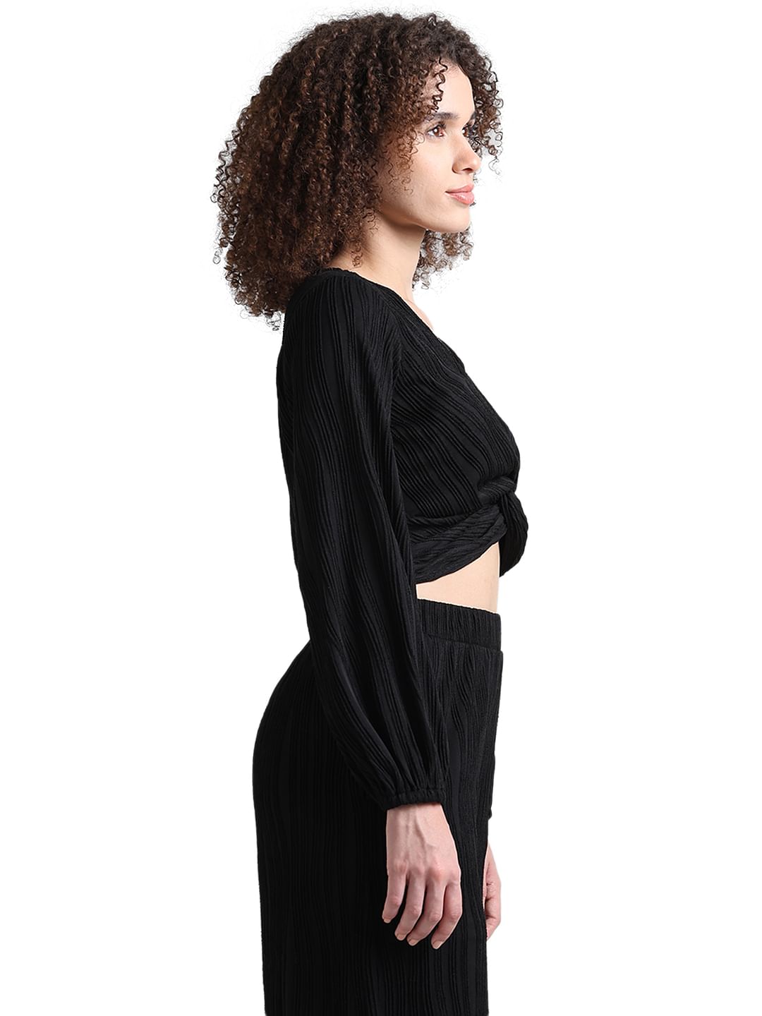 Black Pliss Cropped Co-Ord Set Top