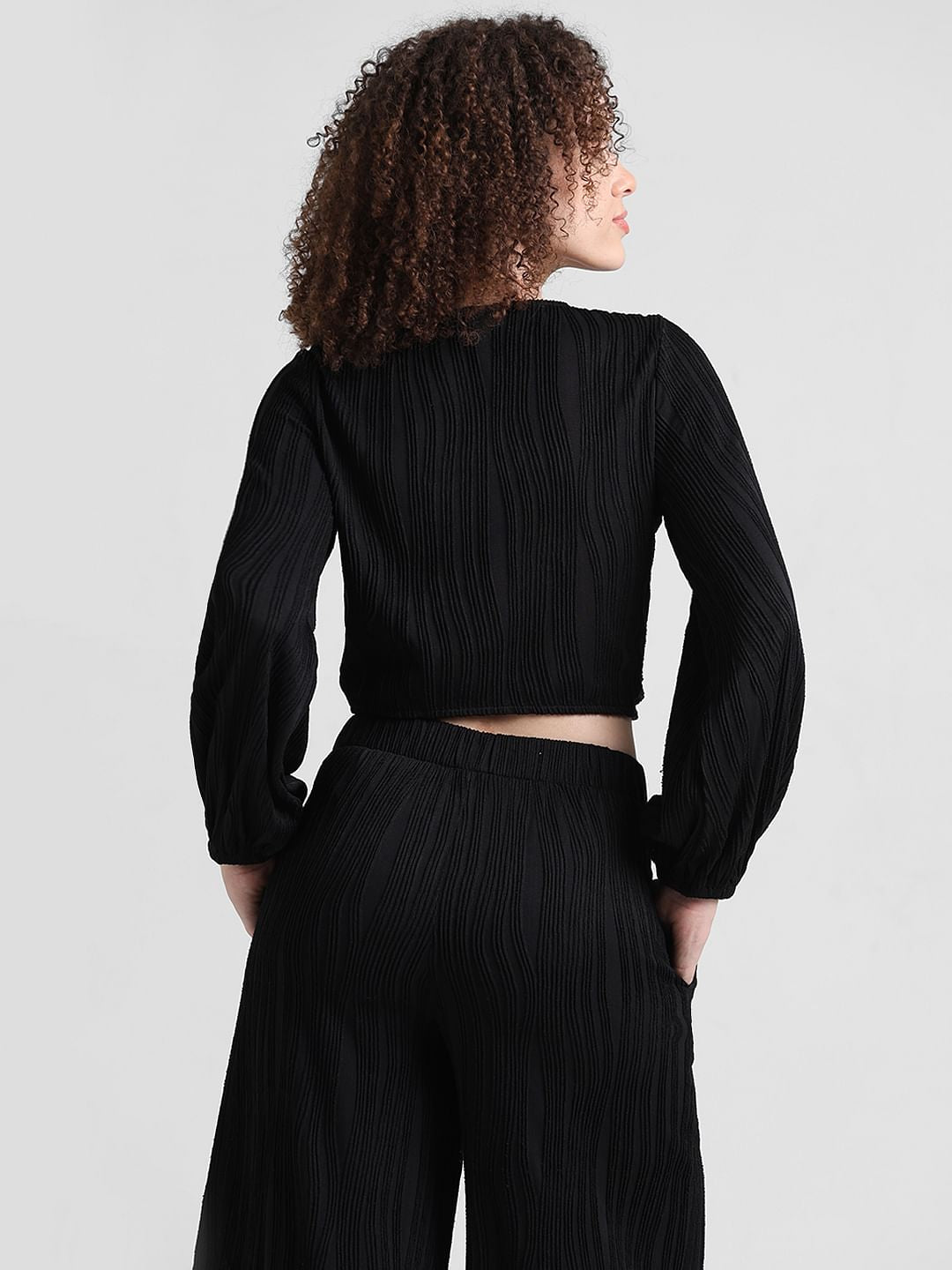 Black Pliss Cropped Co-Ord Set Top
